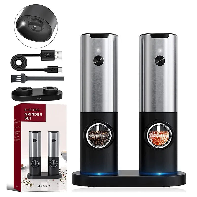 Electric Salt & Pepper Grinder Set USB Rechargeable LED Light Kitchen Tools  ourlum.com   