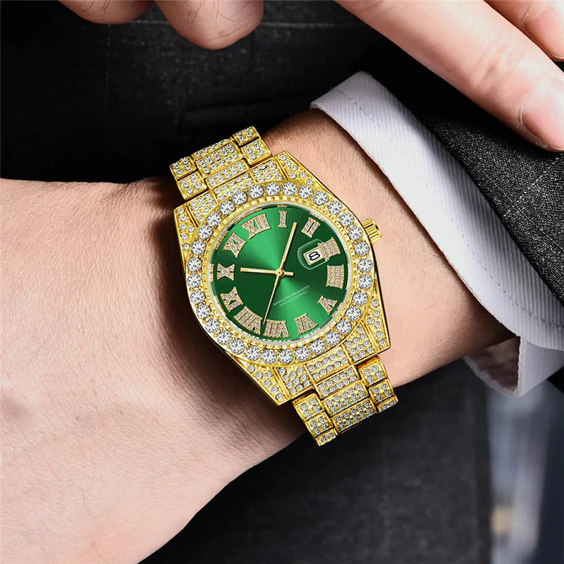 Golden Diamond-Studded Men's Quartz Watch with Calendar - Luxury Hip Hop Wristwatch  OurLum.com   