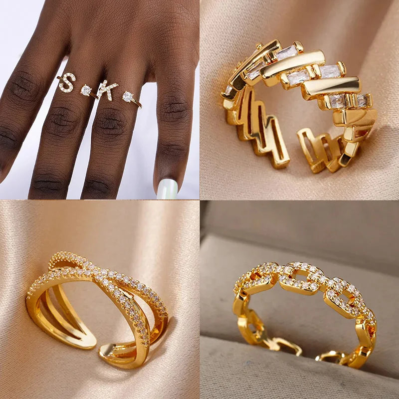 Zircon Initial A-Z Letter Rings For Women Stainless Steel Adjustable Opening Ring Name Alphabet Female Wedding Jewelry Gift