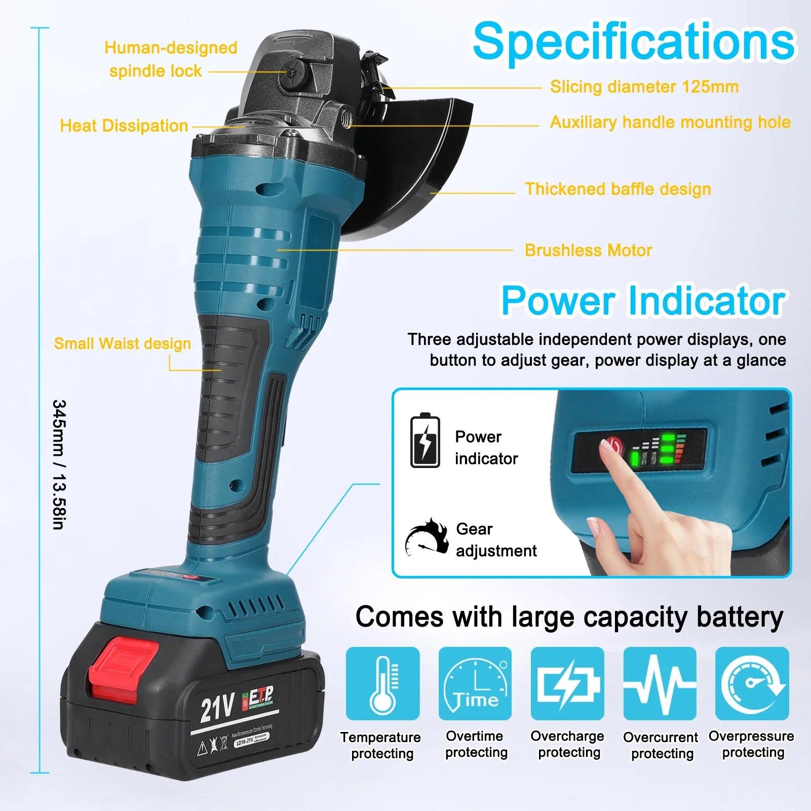 21V 125mm M14 Brushless Angle Grinder Grinding Tool Cutting Machine Power Tool for Cutting Polishing Ceramic Tile Wood Stone  ourlum.com   