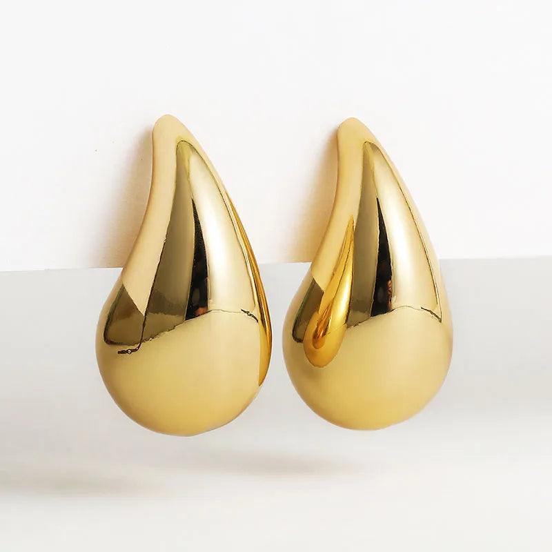 Chunky Dome Water Drop Earrings - Vintage Gold Plated Stainless Steel Teardrop Hoops  ourlum.com   