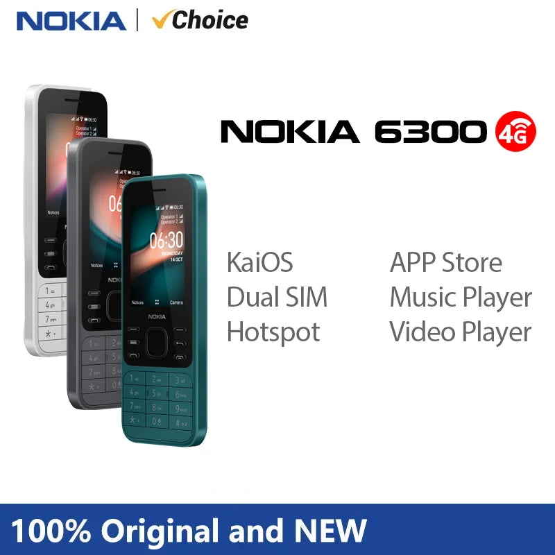 New and Original Nokia 6300 4G Feature Phone Dual SIM KaiOS Wifi Multilingual 2.4 Inch FM Radio Bluetooth Rugged Mobile Phone