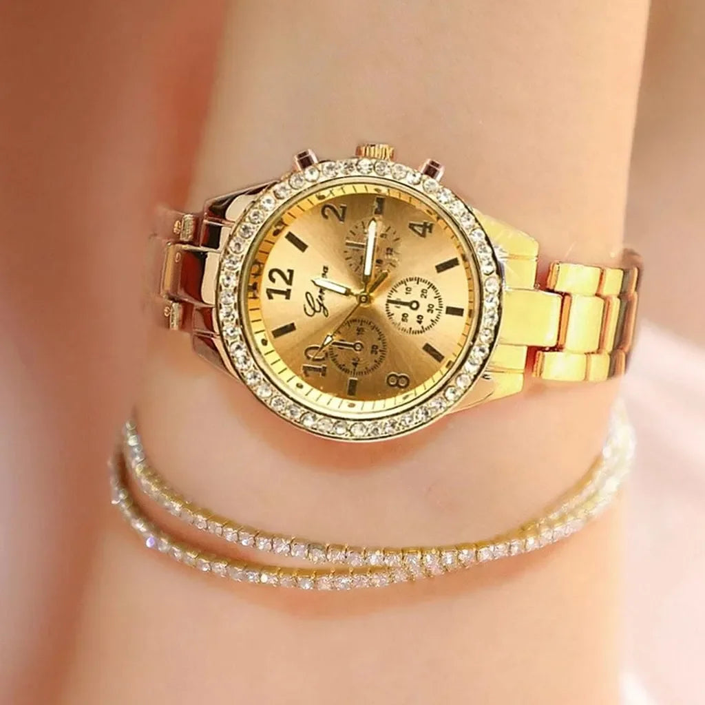 Sophisticated Crystal Diamond Women's Quartz Watch - Elegant Gold & Silver Timepiece  OurLum.com 3pcs watch  