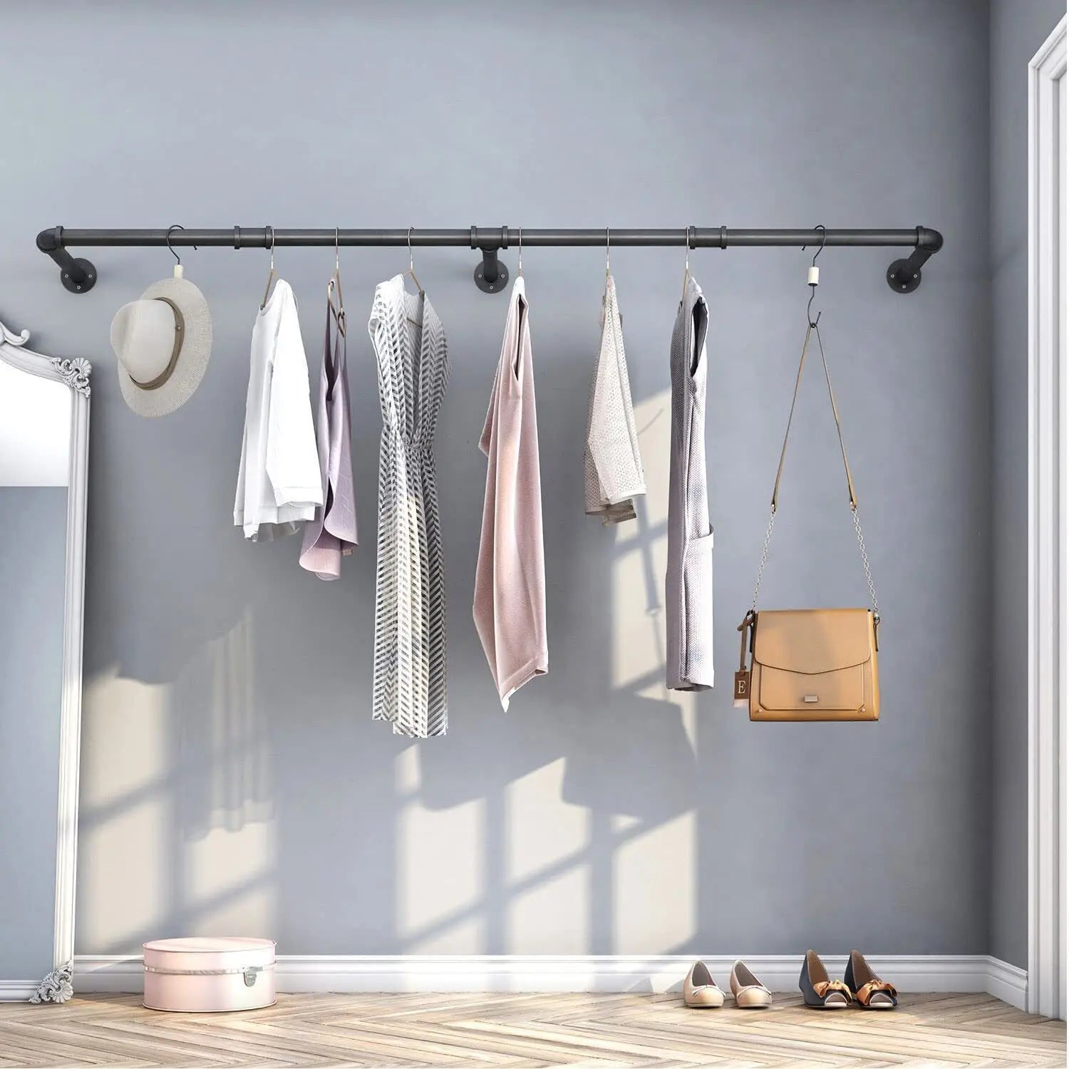 180cm Bedroom Garment Home Rail Multipurpose Wall Mounted Industrial Pipe Clothes Rack Space Saving Hanging Shelf with 3 Hooks