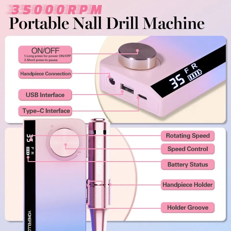 35000RPM Professional Electric Nail Drill Manicure Machine With Pause Mode Electric Nail File Nail Sander For Acrylic Gel Nails  ourlum.com   