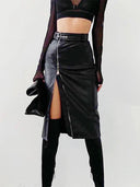 Vintage Black PU Leather Zipper Skirt Edgy Streetwear Chic