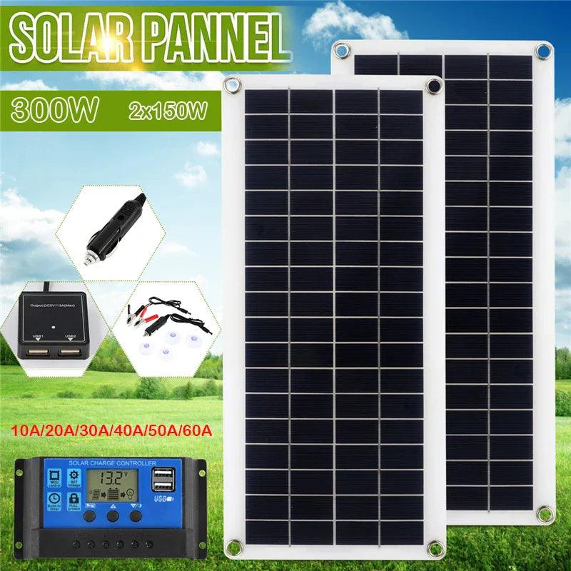 150W 300W Solar Panel Kit 12V Charge Battery With 30A 60A Controller Module 2 USB Port Cell Battery Power Bank for Phone RV Car