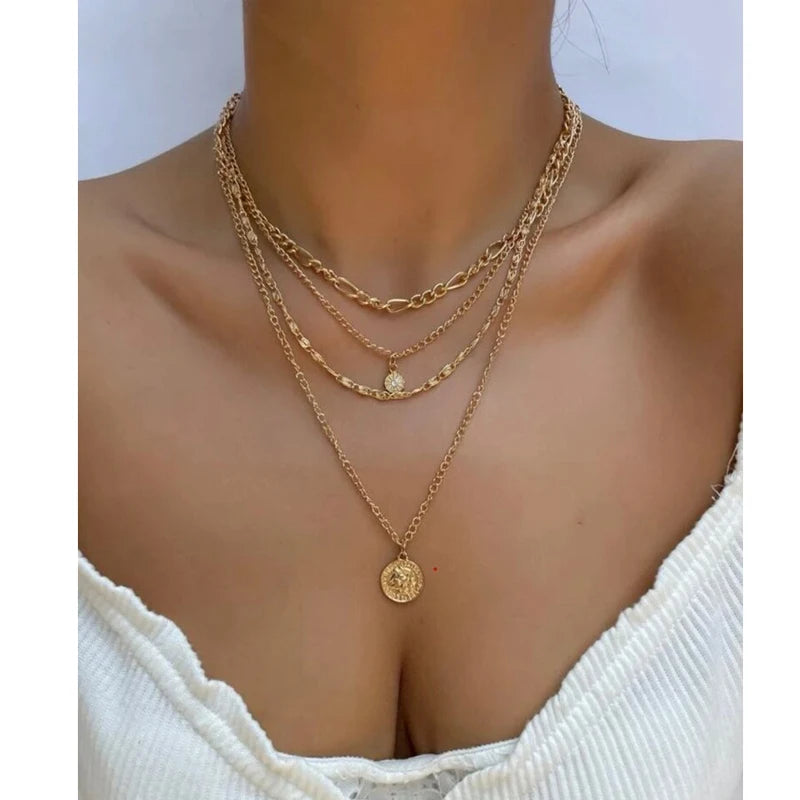 Vintage 18k Gold Pendant Layered Chain Necklace Set for Women Friend Girls Birthday Christmas Gift Ideas for Her