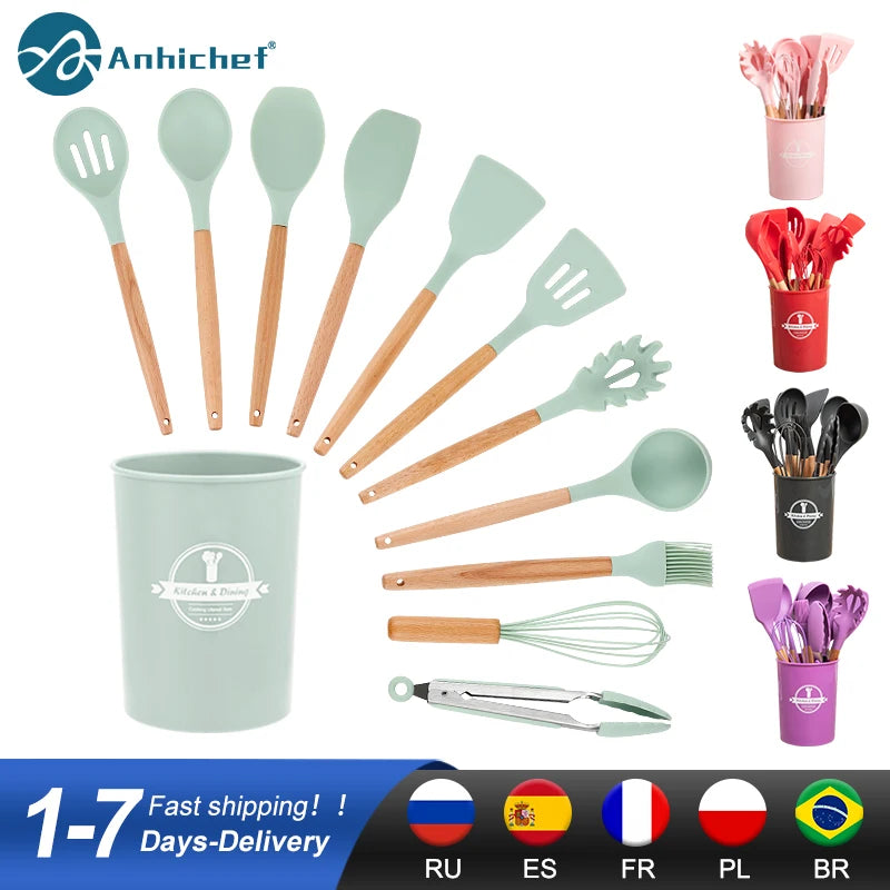 Eco-Friendly Silicone Kitchen Utensils Set with Wooden Handles - Non-Stick Cooking Tools for Home Chefs