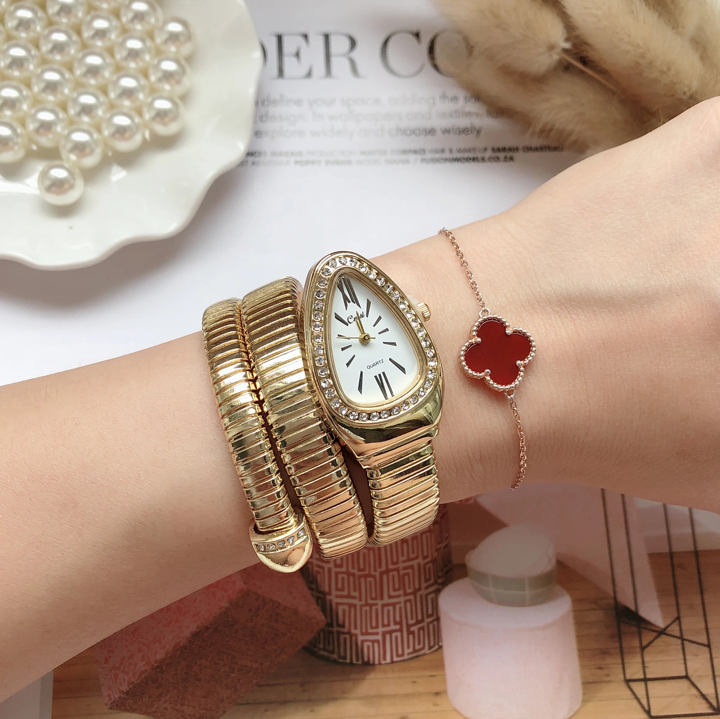 Luxurious Women's Gold Snake Watch with Diamond Detailing  OurLum.com   
