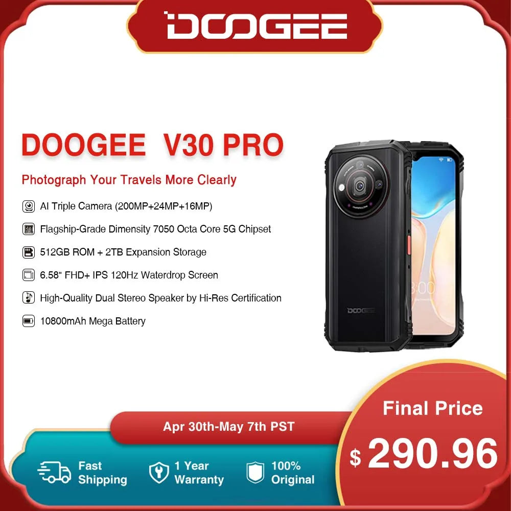 World Premiere DOOGEE V30 Pro Rugged Phone 200MP Camera Dimensity 7050 5G Smartphone 6.58" FHD Display 10800mAh 32 RAM+512 ROM