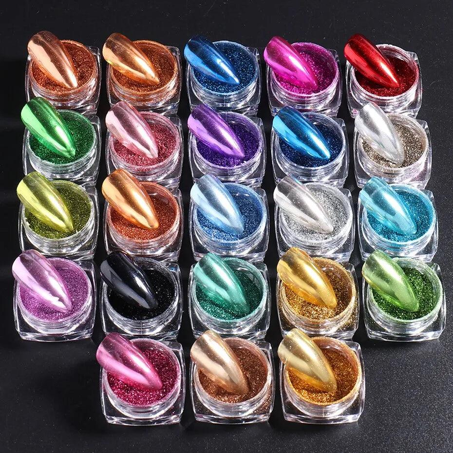 Y2K Magic Mirror Nail Powder Set: Vibrant Metallic Chrome Shades & Luxe Flakes