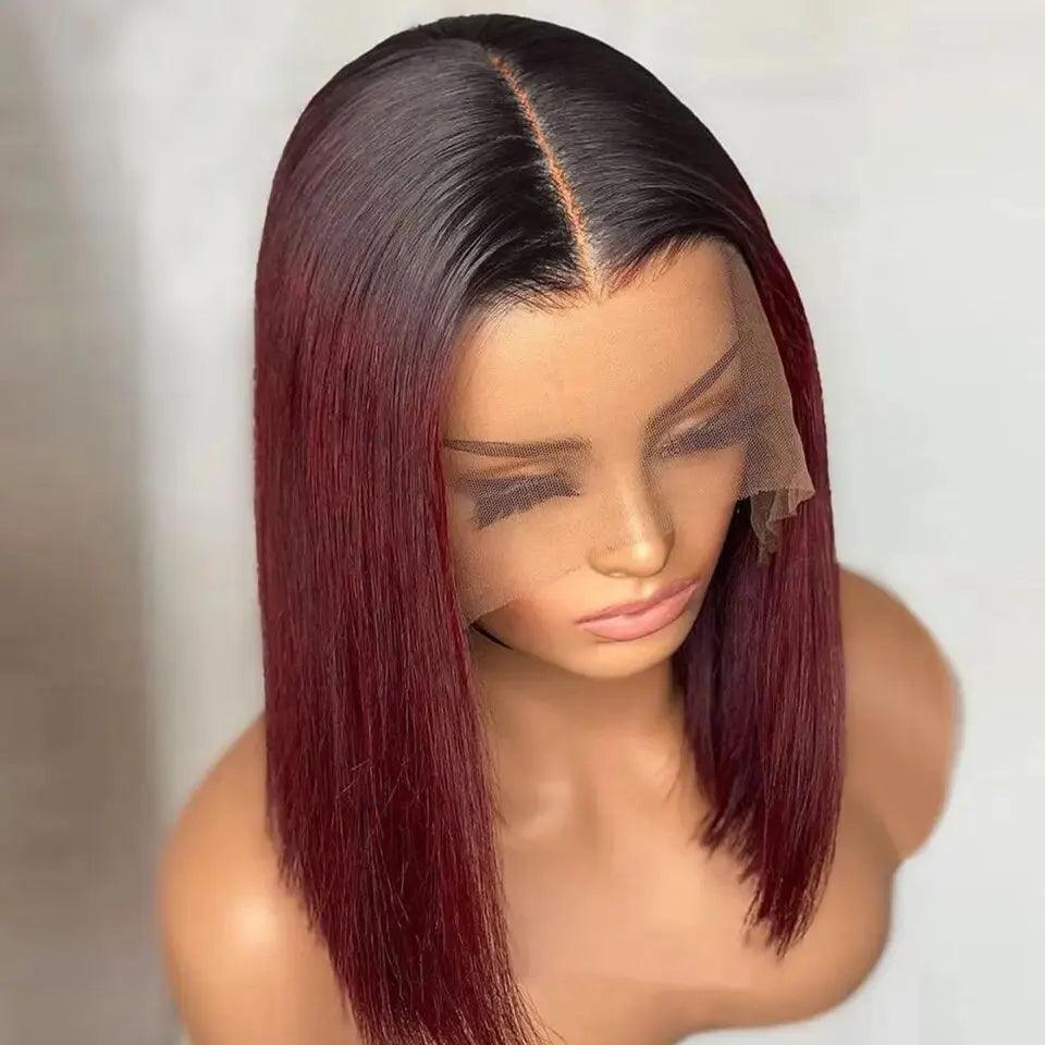 Burgundy Bob Lace Front Human Hair Wig with T Part - Premium Remy Hair  ourlum.com 180 percent 8 inches 13*5*1