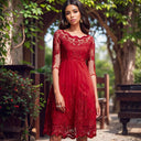 Red Lace Off-Shoulder Dress Chic Midi with Hollow Embroidery