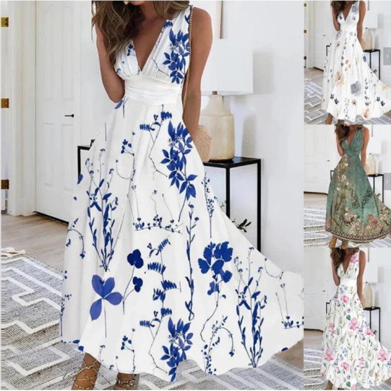 Elegant Bohemian Summer Dress 2023 - Chic V-neck Printed Maxi Dress S-5XL  OurLum.com   