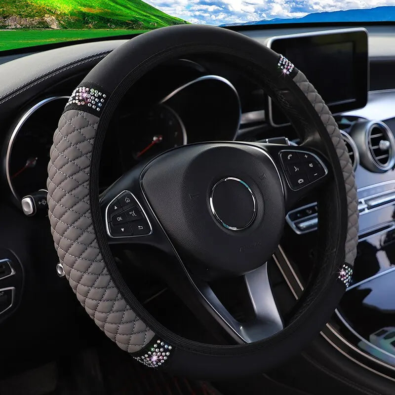 Car Steering Wheel Cover Without Inner Ring 37-38cm Three-dimensional Leather Embroidered Color Diamond-encrusted Breathable