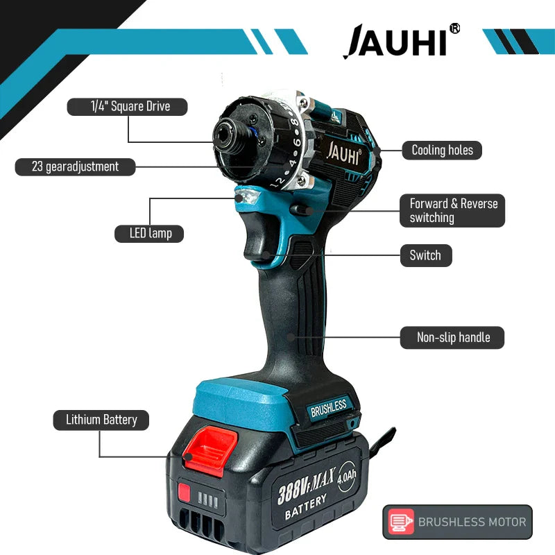 JAUHI 280NM 20+1 Torque Brushless Electric Screwdriver Cordless Drill Rechargeable Mini Power Driver Tools For Makita Battery  ourlum.com   
