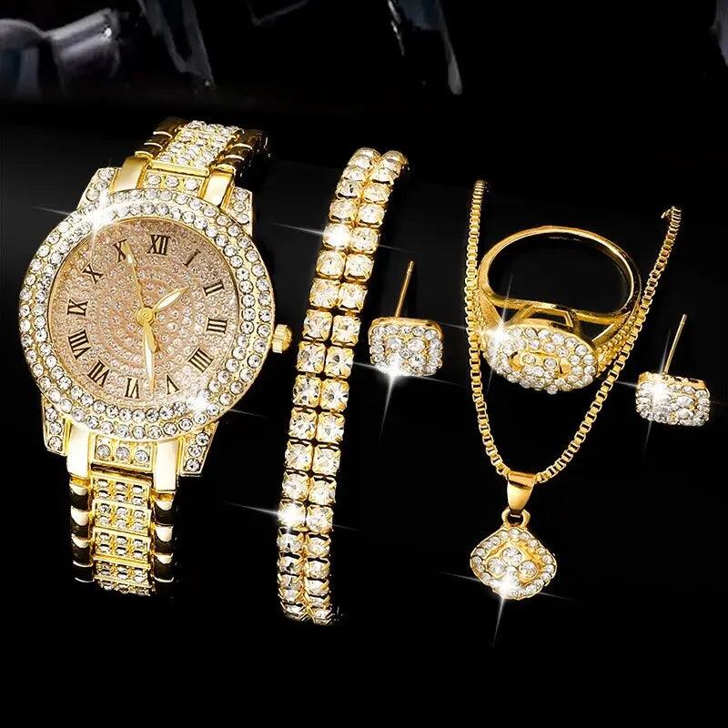 Golden Rhinestone Women's Watch Ring Necklace Earrings Set - Fashion Jewelry Collection  ourlum.com Gold  