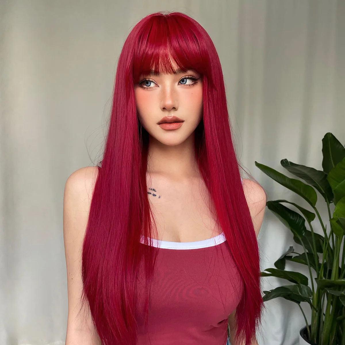 Vibrant Red Synthetic Hair Wig with Bangs - Long Straight Style for Women, Heat Resistant for Cosplay Parties  ourlum.com   