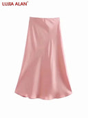 Solid Satin A-Line Midi Skirt Stylish Summer Fashion Statement