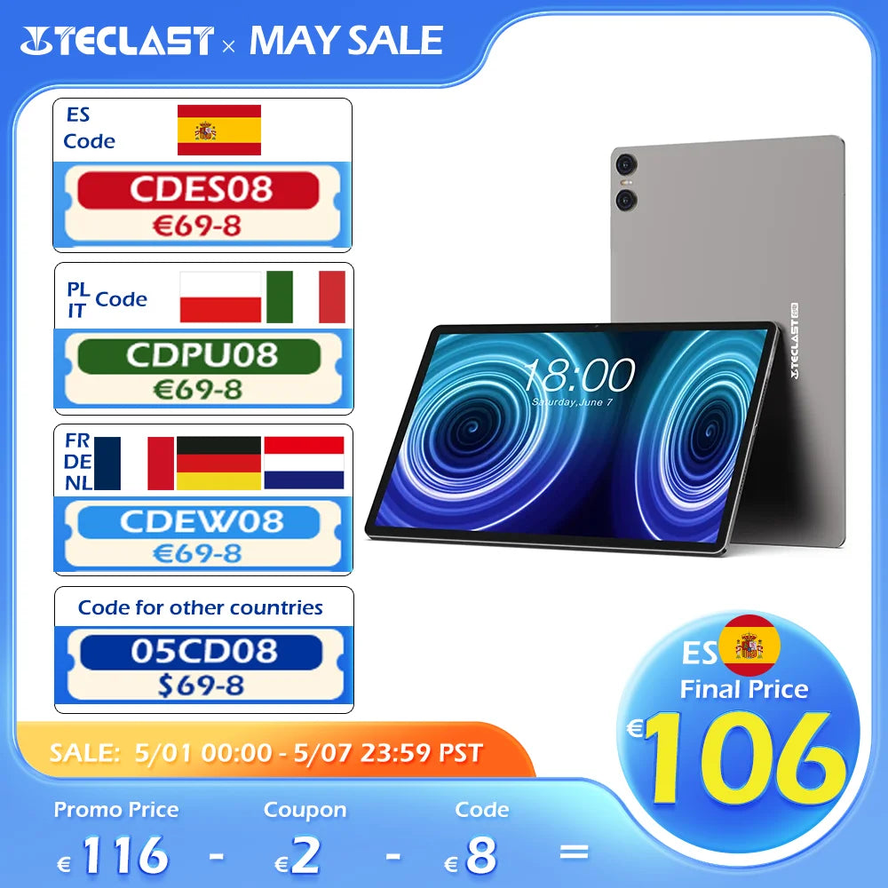 TECLAST tablet T40 Air, Android 13, double SIM, 10.4 inch 2K FHD 2000x1200, 8GB + 8GB RAM, ROM 256GB, 7200mAh, fast charging, UNISOC T616, 8 cores, 4G VoLTE, Wifi, 13MP + 8MP