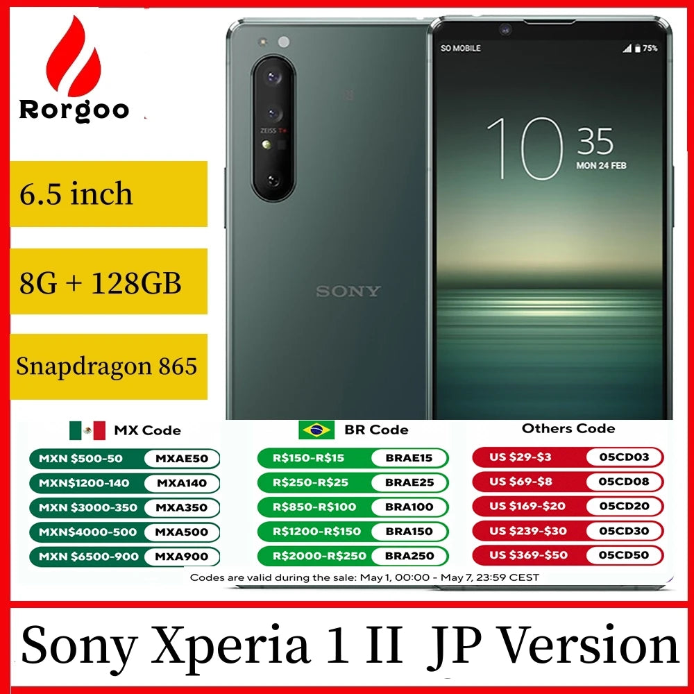 Sony Xperia 1 II 1ii 5G XQ-AT51/AT52 6.5" 8GB RAM 128GB ROM Snapdragon 865 5G Octa Core Quad NFC 12MP&8MP Original Mobile Phone