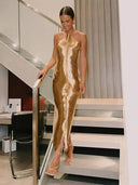 Shinny Metallic Halter Dress Glamorous Clubwear Fashion