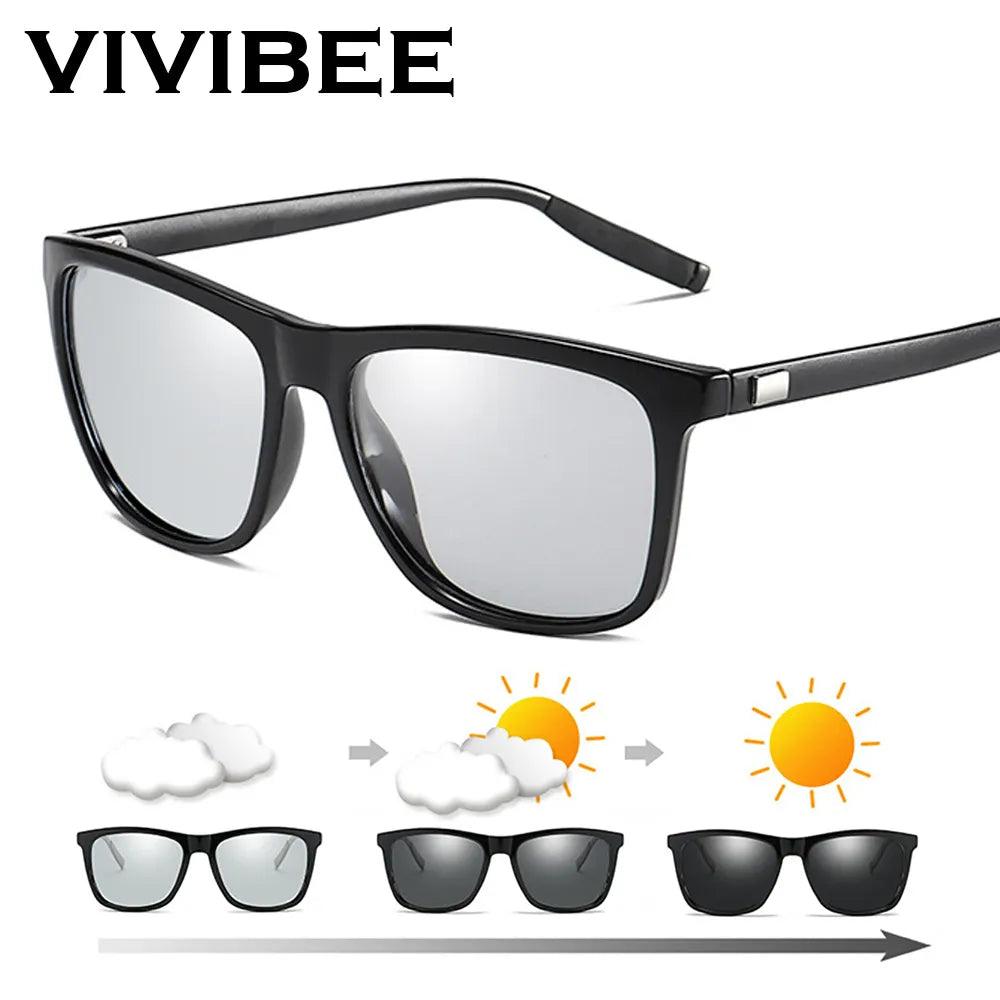 Photochromic Polarized Square Sunglasses for Men - VIVIBEE Color Change Grey Frame Eyewear