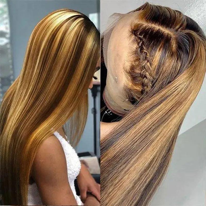Honey Blonde Highlight Straight Lace Front Human Hair Wig - Affordable Chic Style  ourlum.com   
