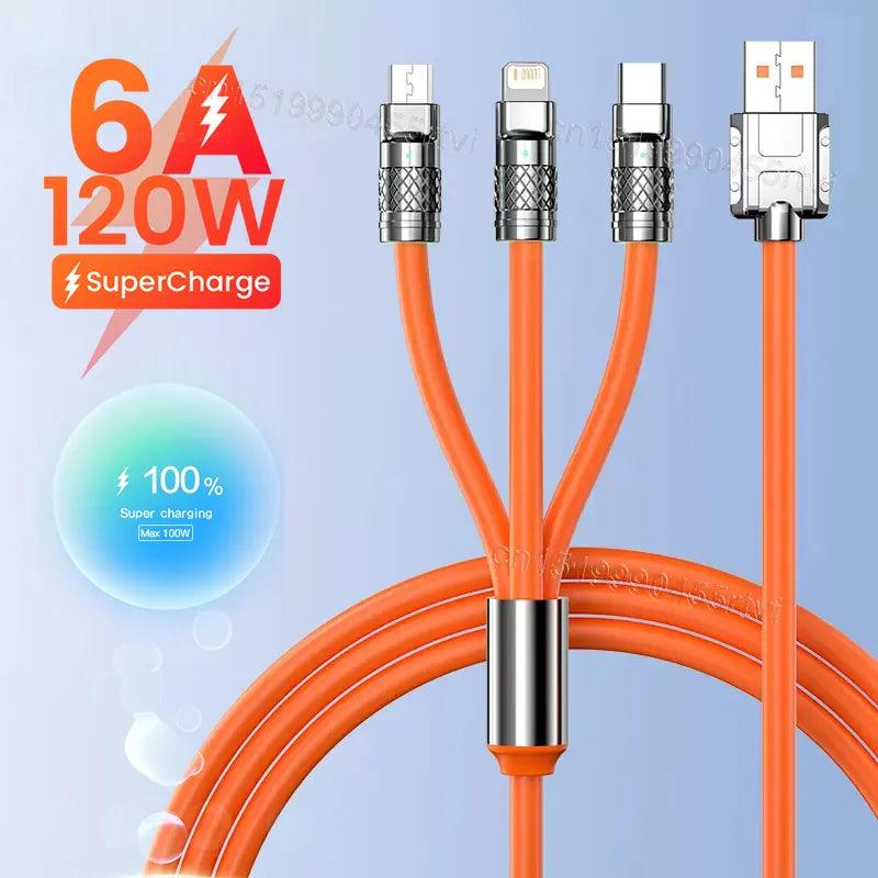 Ultimate 6A 120W Multi-Device Charging Cable with Lightning, Type-C, and Micro USB Connectors - Fast Charge for iPhone, Samsung, Huawei, Xiaomi  ourlum.com   