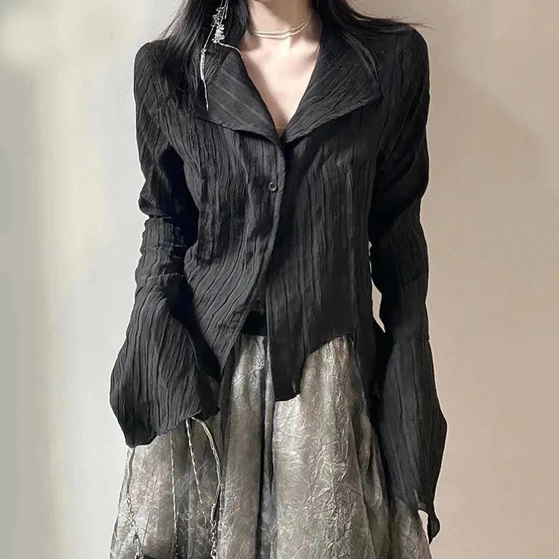 Dark Academia Inspired Gothic Black Shirt with Korean Twist  ourlum.com black S 