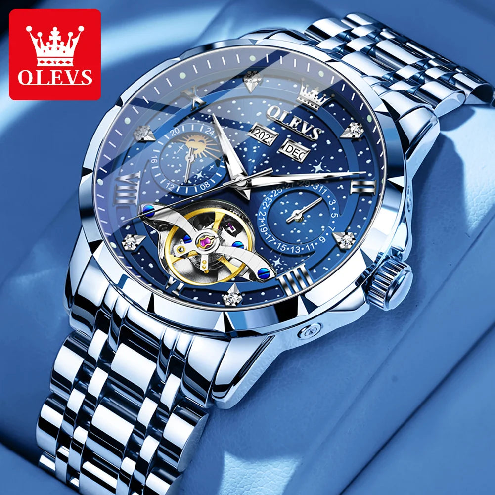 Elegant OLEVS Men's Hollow Flywheel Moon Phase Automatic Mechanical Wristwatch  OurLum.com sivler blue CHINA 
