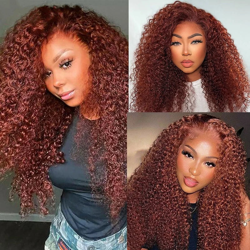 Jerry Curly 40 Inch Reddish Brown Human Hair Lace Front Wig - 250 Density 13x4 HD Frontal for Women