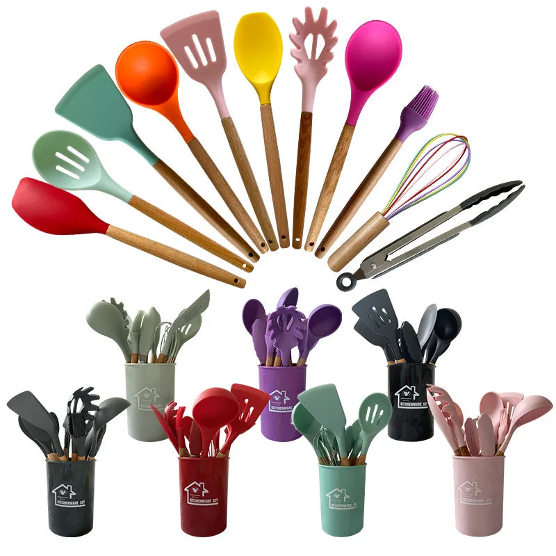 12-Piece Non-Stick Silicone Kitchen Utensil Set with Wooden Handles - Eco-Friendly Cooking Tools