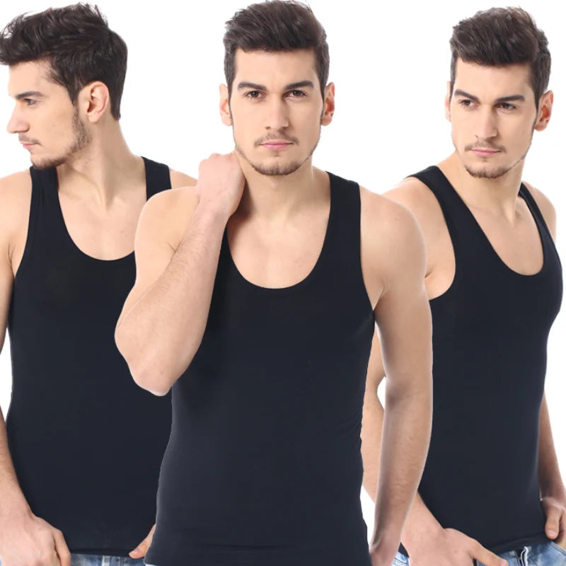 Men's Casual Solid Cotton Tank Top - Fashionable Round Neck Fitness Vest for Youth