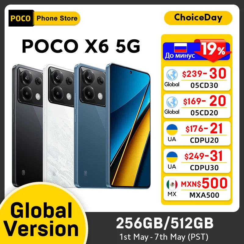 POCO X6 5G Global Version Smartphone Snapdragon 7s Gen 2 120Hz Flow AMOLED Display 64MP Camera with OIS 67W Turbo Charging NFC