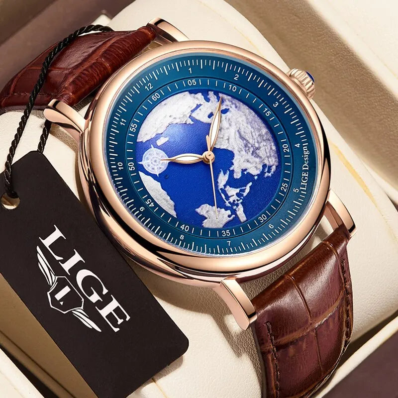 Blue Planet Earth Design Men's Quartz Watch with Waterproof Leather Strap  OurLum.com   