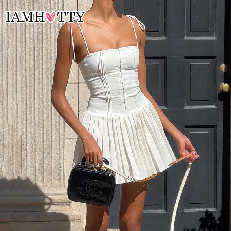 IAMHOTTY White Lace-Up Corset A-Line Mini Dress - Streetwear Chic Statement Piece  Our Lum   