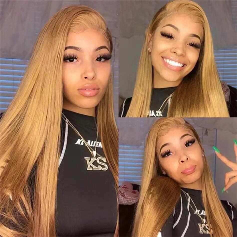 #27 Honey Blonde Human Hair Wig 13x4 HD Transparent Lace Front Human Hair Wig For Women Bone Straight Human Hair Lace Front Wig