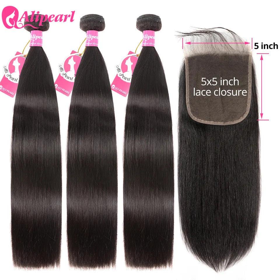 Brazilian Straight Human Hair Bundle Set with Closure - AliPearl Hair Extensions  ourlum.com Natural Color United States 18 20 22 with 16