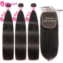 Premium Brazilian Straight Human Hair Bundle Set with Closure