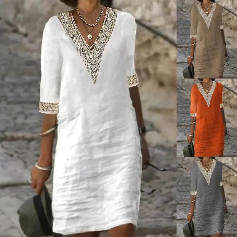 Elegant Lace V-Neck Summer Dress: Fashionable Cotton Hemp Blend - 2023 Fashion Trend