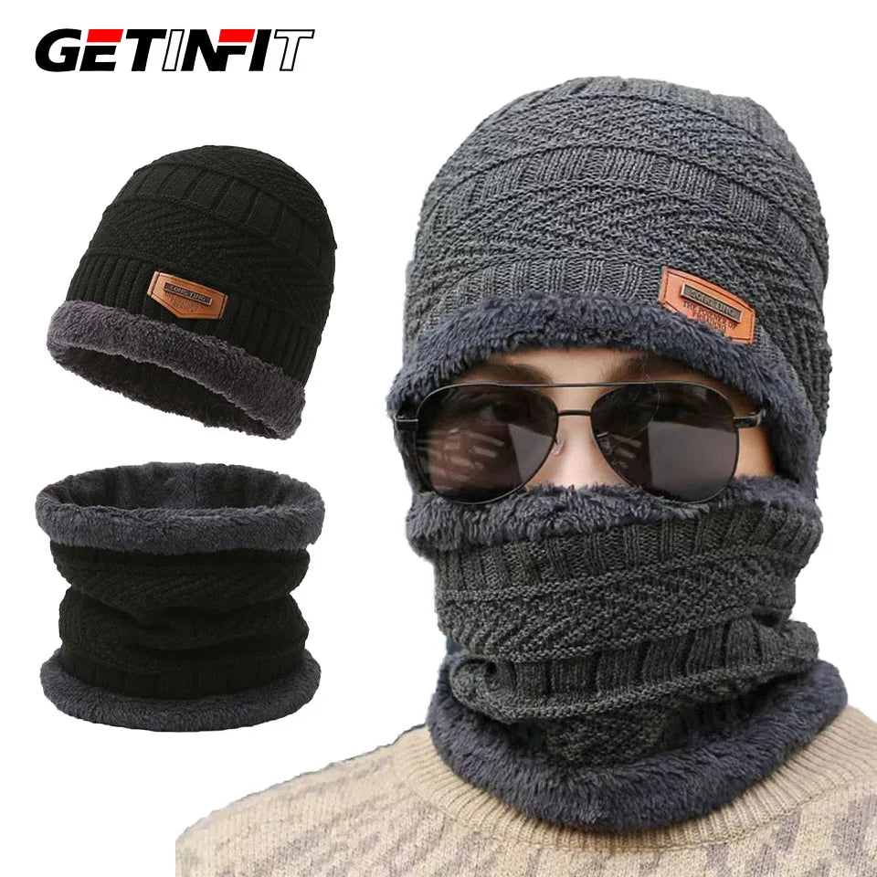 GETINFIT 1Pcs Winter Velvet Thickened Warm Woolen Hat  2-Piece Windproof Cold Proof Scarf Integrated Knitted Hat Woman Men