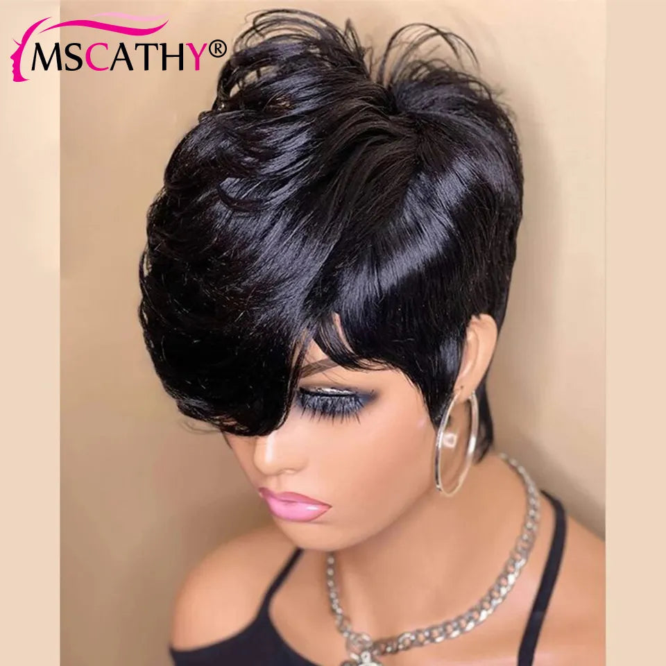 Pixie Cut Remy Human Hair Wig: Natural Straight Bob with Stylish Bangs - Effortless Elegance