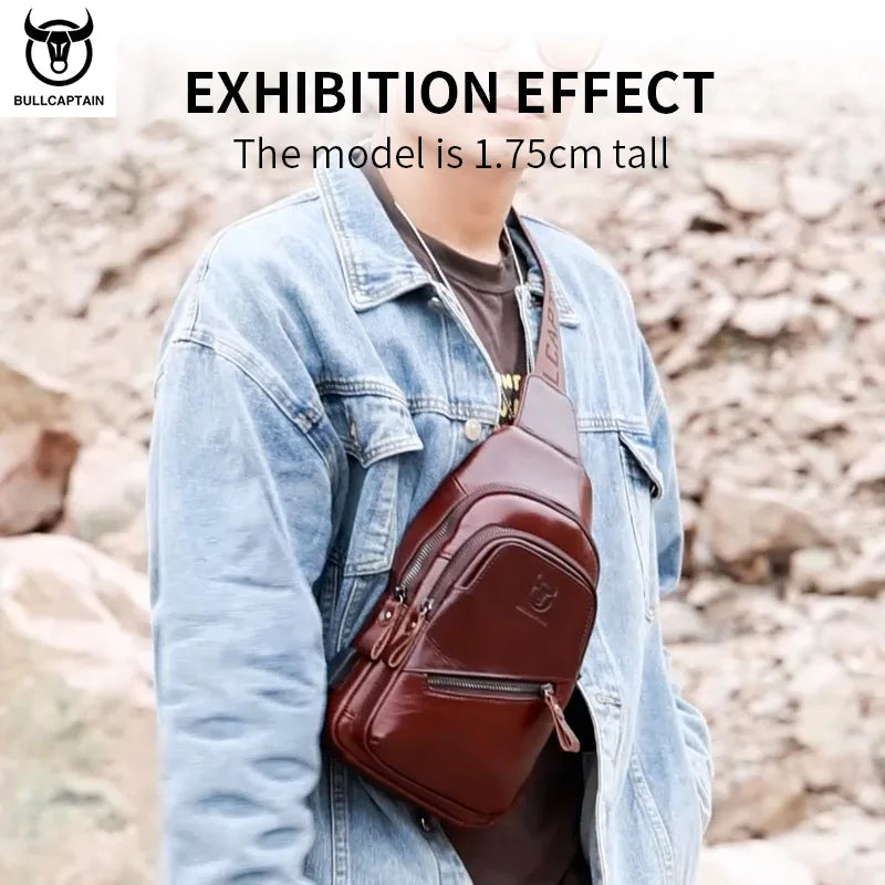 BULLCAPTAIN 2023 The Latest Men's Leather Chest Bag Large Capacity Casual Men's Messenger Bag Classic Leather Chest Bag XB 127