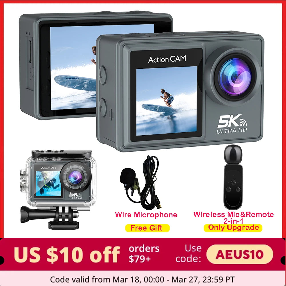 5K Ultra HD Action Cam with Dual LCD, EIS, 170° Wide Angle, Wireless Mic & Remote - Waterproof and Zoom Capabilities  ourlum.com   