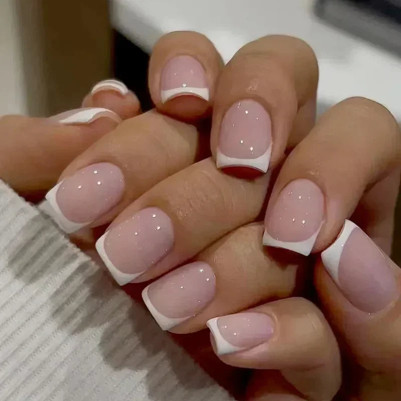 24Pcs Nude White French Fake Nail Short Square Nail Tips Fashion Wearable False Nails with Glue Simple Full Cover Press on Nails  ourlum.com 900  