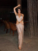 Bright Silk Glitter Evening Gown Sequin Halter Dress Elegant