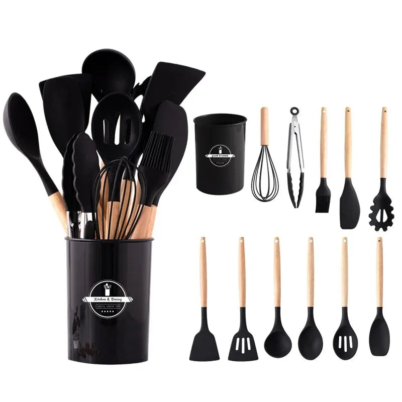 12-Piece Heat-Resistant Silicone Kitchen Utensils Set with Solid Wood Handles - Non-Stick Cooking Tools