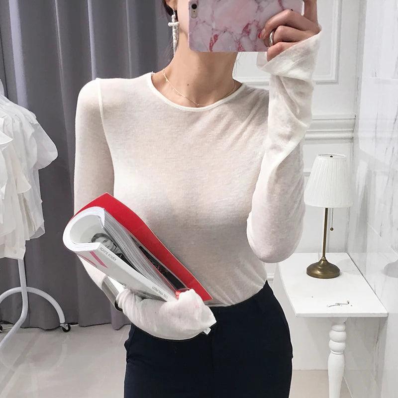 Elegant Slim-Fit Korean Style Women's Long Sleeve T-Shirt  ourlum.com   